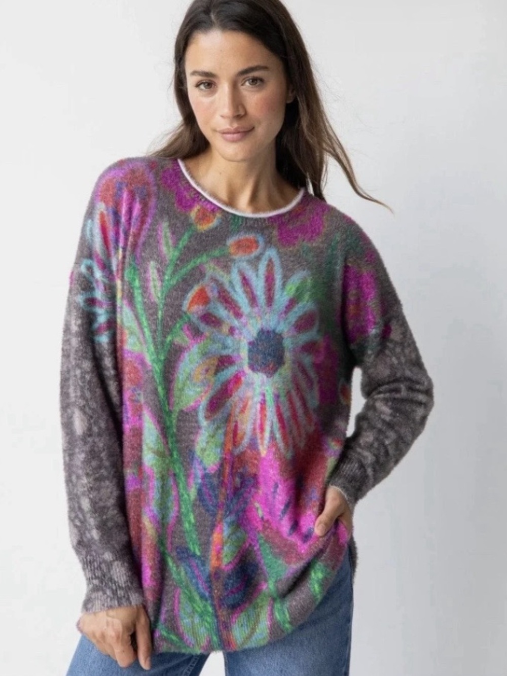 Natural Life Floral Cashmere Like Oversized Sweater Womens SZ X-Large Cozy Soft